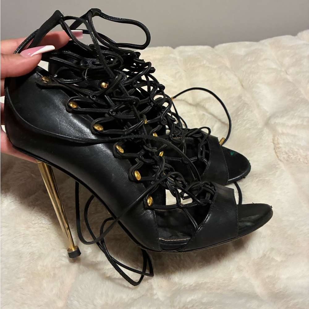 Tom Ford Black and Gold Lace-Up Heels